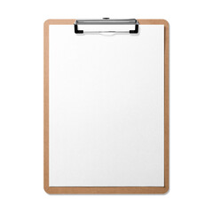Real photo of a wooden clipboard with blank A4 paper mockup, isolated on a transparent background,...
