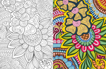 Decorative detailed mehndi design style floral coloring book page illustration