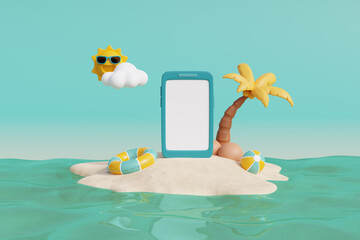 3d Summer tropical sand beach on a sunny day with Smartphone, coconut trees and summer elements. 3d rendering.