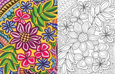 Decorative detailed mehndi design style floral coloring book page illustration