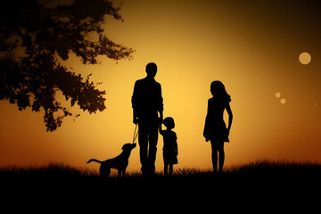 Fototapeta na wymiar silhouette of a family at sunset, ai generative