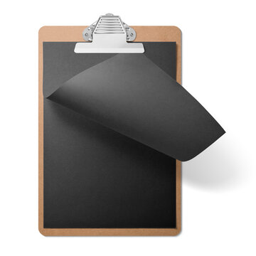 Real photo of a wooden clipboard with black A4 paper mockup, isolated on a transparent background, PNG. High resolution.