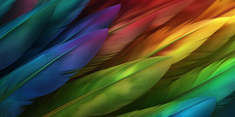 Intense and vivid display of colorful feathers in a dynamic arrangement, perfect for energetic designs and vibrant backdrops.