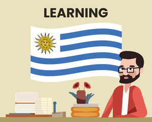 Uruguay flag with a male teacher, learning or teaching Uruguay language, school concept