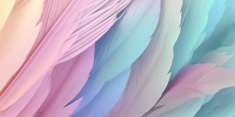 Delicate feather textures in pastel hues, with a focus on their soft gradients from teal to blush, ideal for calm and gentle themes.