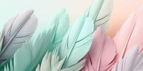 Soft gradient of pastel-colored feathers, ranging from cool turquoise to warm pink, creating a calming and serene mood.