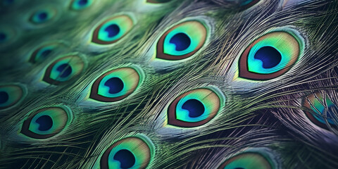 Obraz premium Detailed close-up of vibrant peacock feathers, highlighting the intricate design and iridescent hues of the iconic eye spots.