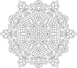 Decorative rounded detailed mandala design coloring book page illustration