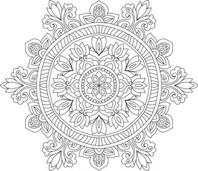 Decorative rounded detailed mandala design coloring book page illustration