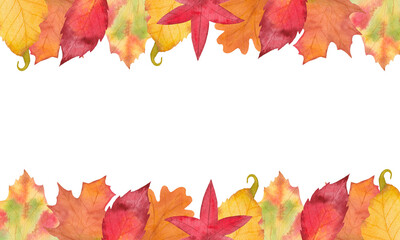 Watercolor Autumn Fall border. Leaf frame. Botanical illustration. October print. Design for tile, backgrounds, fabric, greeting cards, invitations. Autumn leafs. Nature print.