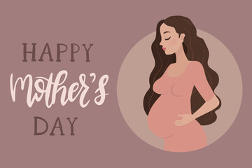Mother's Day post card with beautiful pregnant woman, cute flat cartoon style