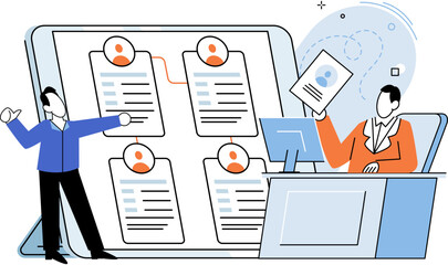 HR Human Resources department work. HR manager looking for new job candidate and reviews questionnaires, resumes of people. Recruitment, headhunting and employment, search for new employee in team