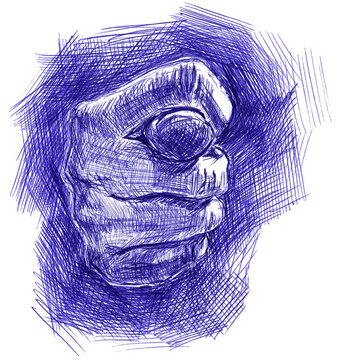 An indecent gesture mean denial.. Hand made sketch with ballpoint pen on paper texture. Isolated on white. Bitmap