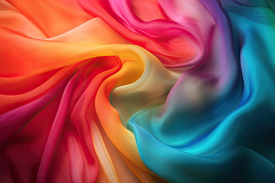 Bildschirmhintergrund: Im Wind wehende funkelnde Seide in den Farbt&ouml;nen rot, orange, gelb, rosa und blau, generative AI