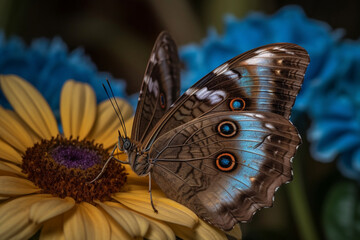 Morpho Menelaus butterfly on a flower plants and flo
