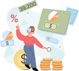 Businessman analyzing financial balance, wealth investment, personal or corporate budget. Revenue growth concept. Man analyzes sales statistics. Entrepreneur makes big profit and becomes rich