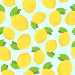 Lemons vector seamless pattern. Flat elements on blue background. Best for textile, wallpapers, home decoration, wrapping paper, package and web design.
