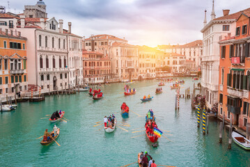 Venice, Italy, Grand canal. Venice carnival opening with gondola boat water parade © Maresol