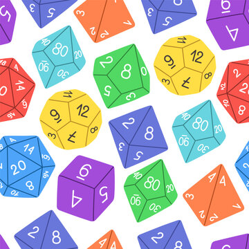 D8 D10 D12 D20 Dice for Board games seamless pattern, RPG dice set for table game vector