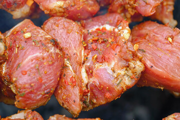 Meat cooked at barbecue with smoke, close up. Shish kebab cooking outdoors. Raw spicy marinated meat cook on bbq grill. Pork meat, shashlik, prepared on grill wood coal, outdoor.