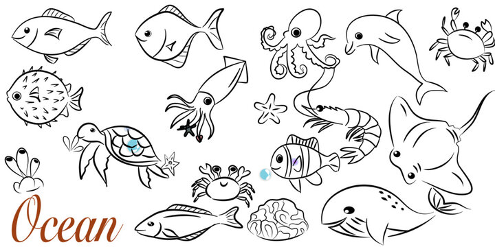 doodle style hand drawn, Fish and wild marine animals in ocean. Sea world dwellers, cute underwater creatures, coral reef inhabitants in their natural habitat, undersea fauna of tropics. Flat cartoon 