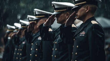 Several Military Officers Saluting Fallen Soldier's Grave in Service Dress Blue Uniforms on a Rainy Day. Concept for American Veterans Day, Memorial Day, and Independence Day. Generative AI. - obrazy, fototapety, plakaty