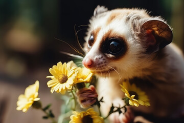 Slow Loris monkey holds a daisy flower and smiles. Sunny day, happiness, funny animal, love of nature. Little funny baby loris sniffs spring flowers. Generative AI.