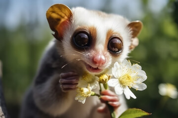 Fototapeta na wymiar Slow Loris monkey holds a white flower and smiles. Sunny day, happiness, summer, love of nature. Little funny baby loris sniffs spring flowers. Generative AI.