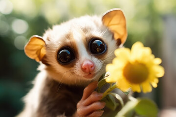 Fototapeta na wymiar Slow Loris monkey holds a daisy flower and smiles close-up. Sunny day, happiness, summer, love of nature. Little funny baby loris sniffs spring flowers. Generative AI.