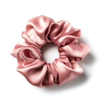 A pink satin hair scrunchie with a bow detail. generative AI