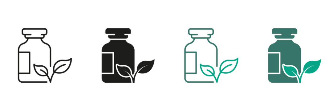 Herbal Medicine Line and Silhouette Icon Set. Pharmaceutical Organic Ingredient in Bottle Pictogram Collection. Medical Product Black and Color Symbol Collection. Isolated Vector Illustration