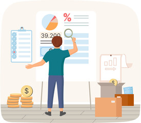 Business man analyzing financial balance graph, wealth investment, personal or corporate budget. Male employee looking commercial diagram economic efficiency strategy development with magnifying glass