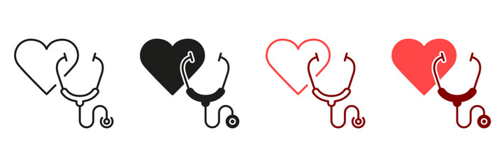 Stethoscope Line and Silhouette Icon Set. Heart Illness Diagnosis Tool. Doctor's Instrument for Pulse Examination, Medic Equipment Black and Color Symbol Collection. Isolated Vector Illustration