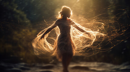 Ethereal woman dancing in nature with light trails. Generative Ai. - obrazy, fototapety, plakaty