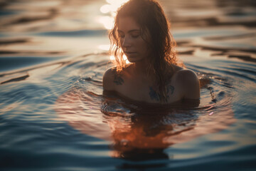Fototapeta premium woman with partially submerged in water at sunset. Beautiful and calm, thoughtful and peaceful. Generative Ai.
