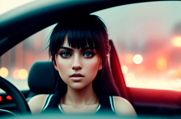 Close-up of a beautiful girl driving a car. A woman drives a car. Generative AI.