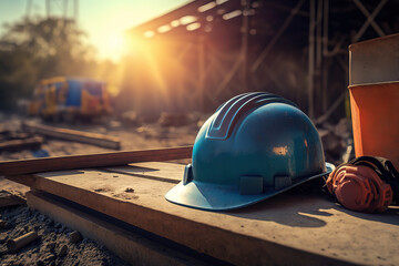 A blue safety helmet or hardhat for the construction worker which is placed on the ground of construction working site, image applied with orange sunlight flare. Generative Ai image. - obrazy, fototapety, plakaty