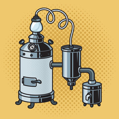 alcohol mashine moonshine still pinup pop art retro vector illustration. Comic book style imitation.