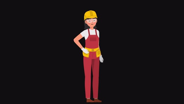 High resolution 2d cartoon female character in builder outfit talking on alpha channel background in seamless loop.