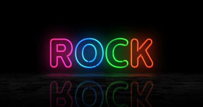 Rock neon glowing symbol. Light color bulbs. Entertainment music event  abstract concept 3d animation.