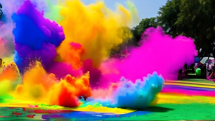 Fototapeta premium The explosion of colored powder is isolated on a natural background. Abstract colored background - AI Generative
