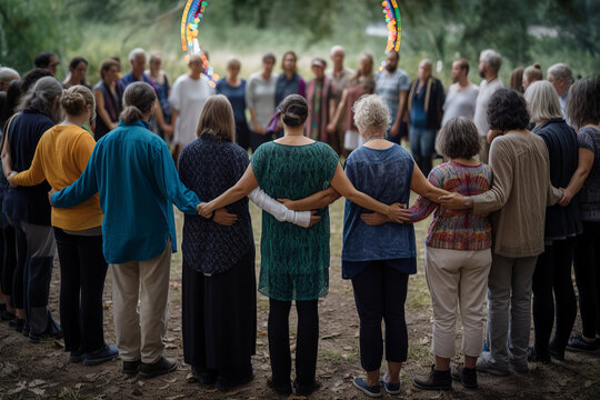 A Striking Image Of The Back View Of Participants Engaged In A Ritual Or Ceremony, Capturing The Power Of Communal Spiritual Connection. Generative AI