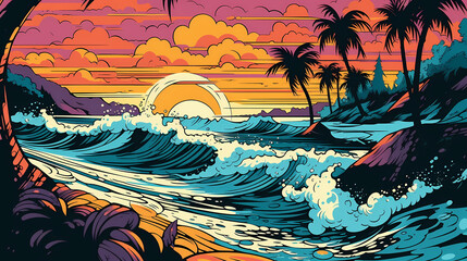 Fototapeta na wymiar colorful beach scene agains sunset pop art. digital art illustration. generative AI