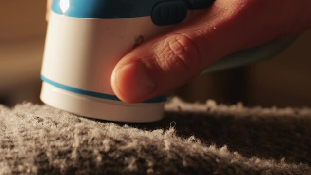 Laundry worker in the process of cleaning fur coat with lint remover spoons brush machine, close up.