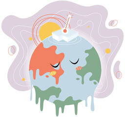 Planet Earth is suffering, danger rising temperature, water drops flowing from globe due to ice melting. Global warming climate changes concept Climat change metaphor. Planet risk and danger