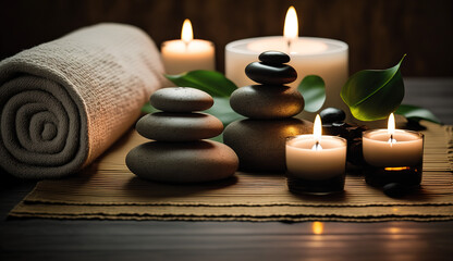 Spa Massage basalt stones with candles, lotus flowers, orchid flower and towels on bamboo mat. Generative AI.