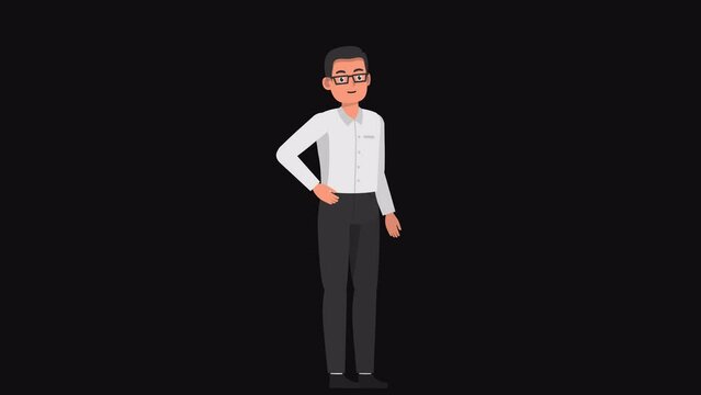 High resolution 2d cartoon male character in formal outfit talking on alpha channel background in seamless loop.