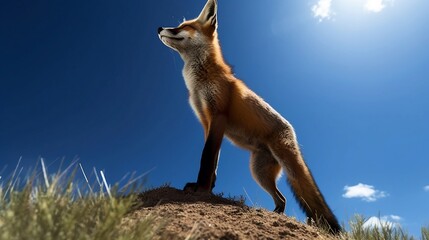 a red fox standing in the middle of a field looking up at something