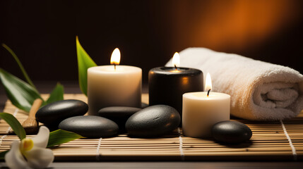 Obraz na płótnie Canvas Spa Massage basalt stones with candles, lotus flowers, orchid flower and towels on bamboo mat. Generative AI.