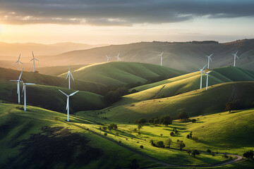A wind turbine farm generating renewable green energy in a picturesque natural environment, contributing to sustainable development and eco friendly industries. Generative AI - obrazy, fototapety, plakaty